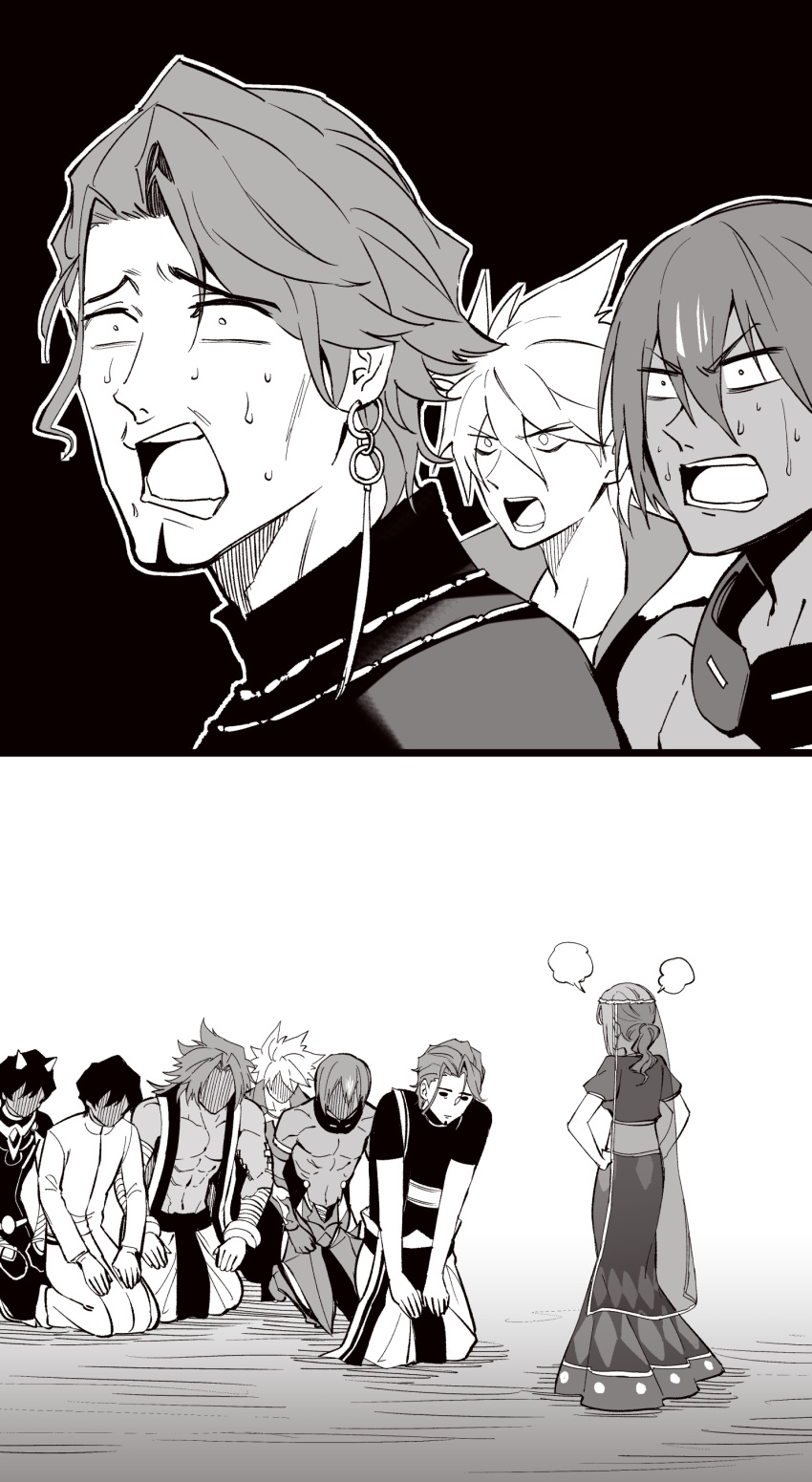 1girl, 6+boys, absurdres, angry, arjuna_(fate), arjuna_alter_(fate), ashwatthama_(fate), bhima_(fate)