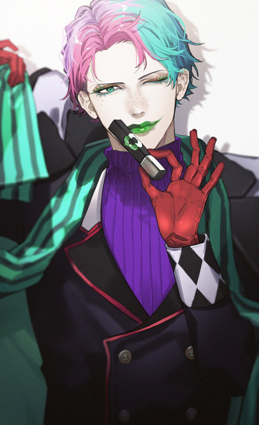 1boy, 2jexxx2684, absurdres, black_jacket, blue_eyeliner, blue_hair, buttons, cosmetics