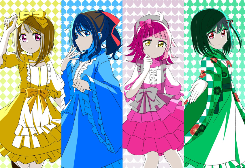 argyle_background, beret, black_hair, blue_eyes, blue_kimono, blunt_bangs, blunt_ends, bob_cut, bow, brown_hair, checkered_clothes, checkered_kimono, closed_mouth, club_(shape), commentary, dot_mouth, dress, feet_out_of_frame, frilled_kimono, frilled_skirt, frills, grey_hat, hair_between_eyes, hair_bow, hair_ribbon, hands_up, hat, heart, heart_background, high_ponytail, highres, hot_heartlove, inverted_bob, japanese_clothes, kimono, kishimen_hair, leg_up, long_sleeves, looking_at_viewer, love_live!, love_live!_nijigasaki_high_school_idol_club, medium_hair, medium_skirt, mifune_shioriko, nakasu_kasumi, one_side_up, osaka_shizuku, pink_eyes, pink_hair, pink_skirt, red_eyes, red_ribbon, ribbon, shirt, short_hair, sidelocks, sideways_mouth, skirt, smile, spade_(shape), symbol-only_commentary, tennoji_rina, unmoving_pattern, white_shirt, white_skirt, wide_sleeves, yellow_bow, yellow_dress, yellow_eyes