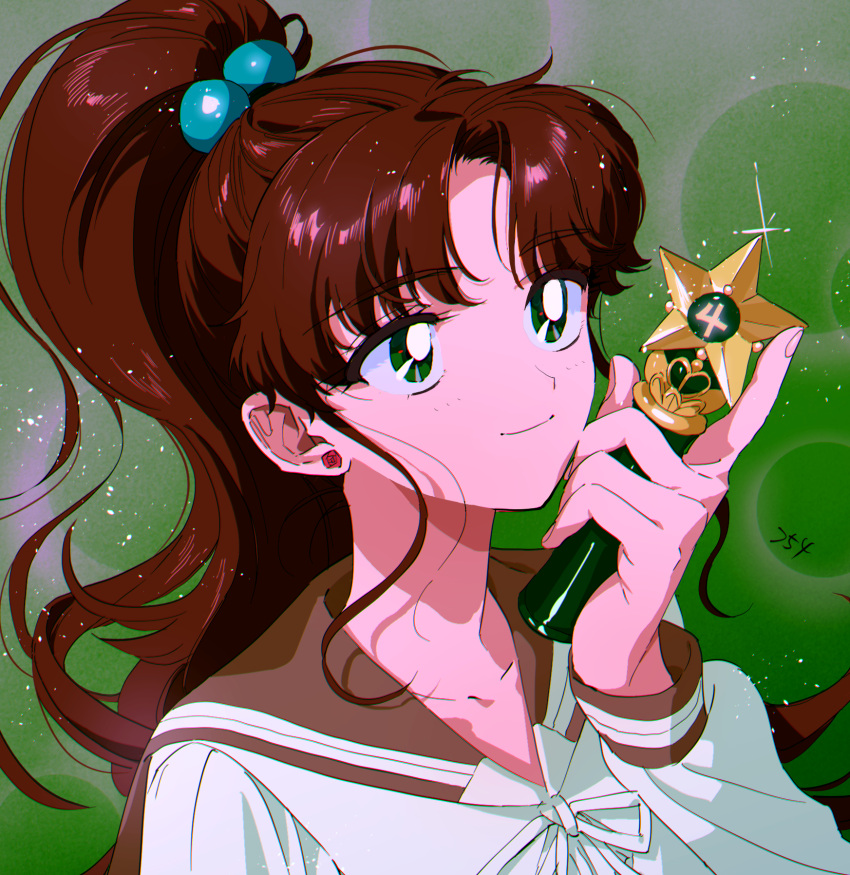 1girl, bishoujo_senshi_sailor_moon, brown_hair, brown_sailor_collar, commentary_request, earrings, flower_earrings, glint