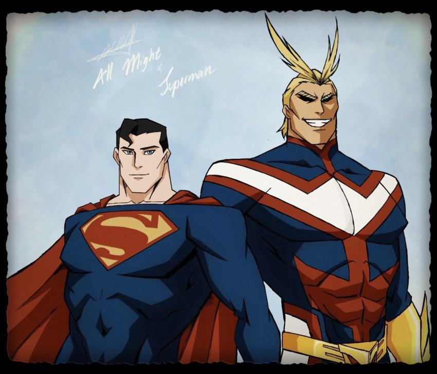 2boys, absurdres, all_might, black_hair, boku_no_hero_academia, cape, commentary, covered_abs, crossover, dc_comics, foltest_animations, grin, highres, male_focus, multiple_boys, muscular, muscular_male, pectorals, red_cape, signature, smile, superhero_costume, superman, superman_(series)