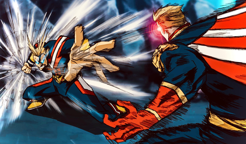 2boys, all_might, antenna_hair, artist_request, battle, blonde_hair, blue_background, blue_bodysuit