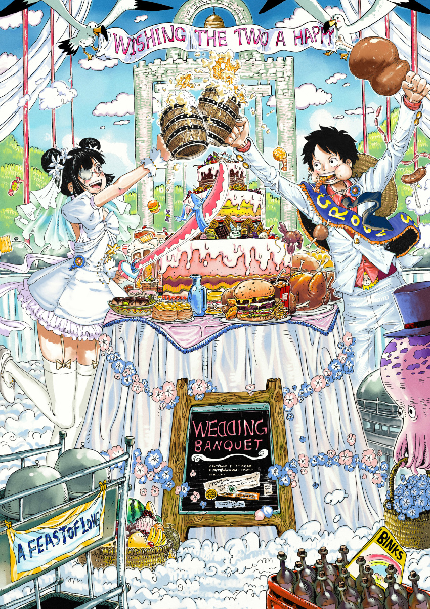 1boy, 1girl, absurdres, aguangman1030, banquet, bird, black_eyes, black_hair