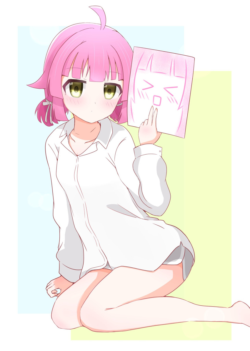 >_<, 1girl, ahoge, blue_background, blunt_bangs, blush, border, brb9864