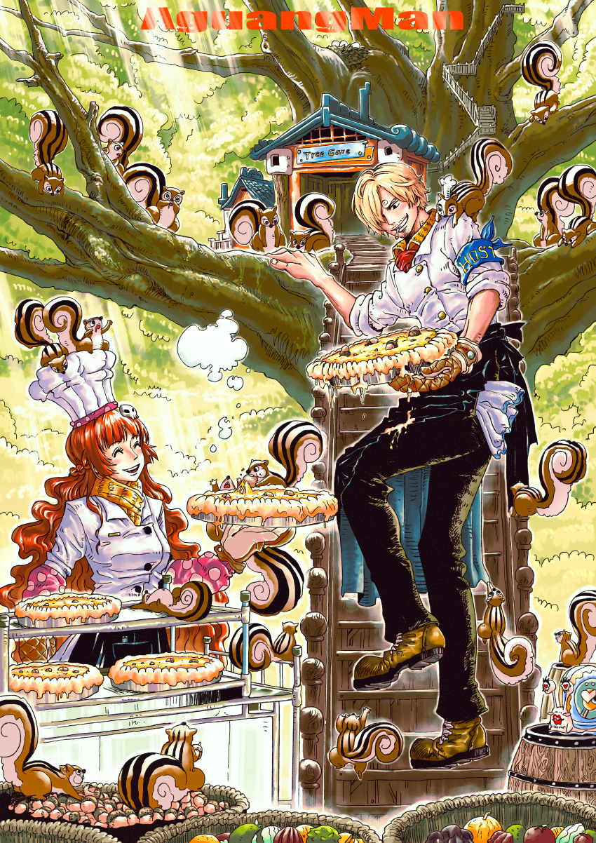 1boy, 1girl, absurdres, aguangman1030, barrel, black_beard, black_pants, blonde_hair