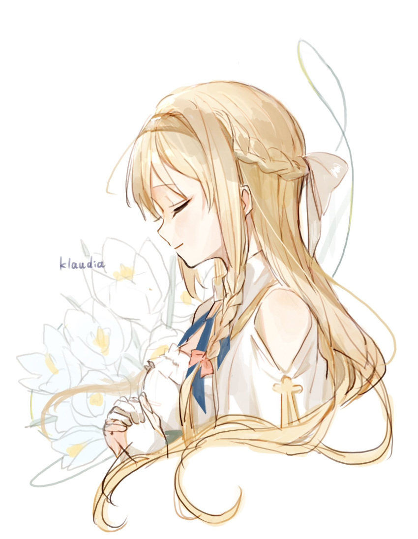1girl, atelier_(series), atelier_ryza, atelier_ryza_1, bare_shoulders, blonde_hair, braid, character_name, closed_eyes, closed_mouth, floral_background, flower, from_side, hair_ribbon, highres, interlocked_fingers, klaudia_valentz, le21day, long_hair, own_hands_together, profile, ribbon, shirt, simple_background, smile, solo, upper_body, white_background, white_flower, white_shirt