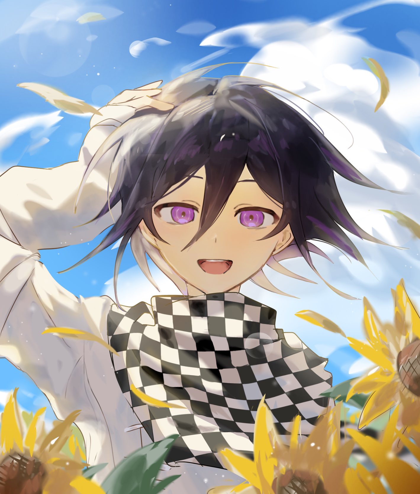 1boy, :d, black_hair, checkered_neckerchief, clouds, danganronpa_(series), danganronpa_v3:_killing_harmony, day