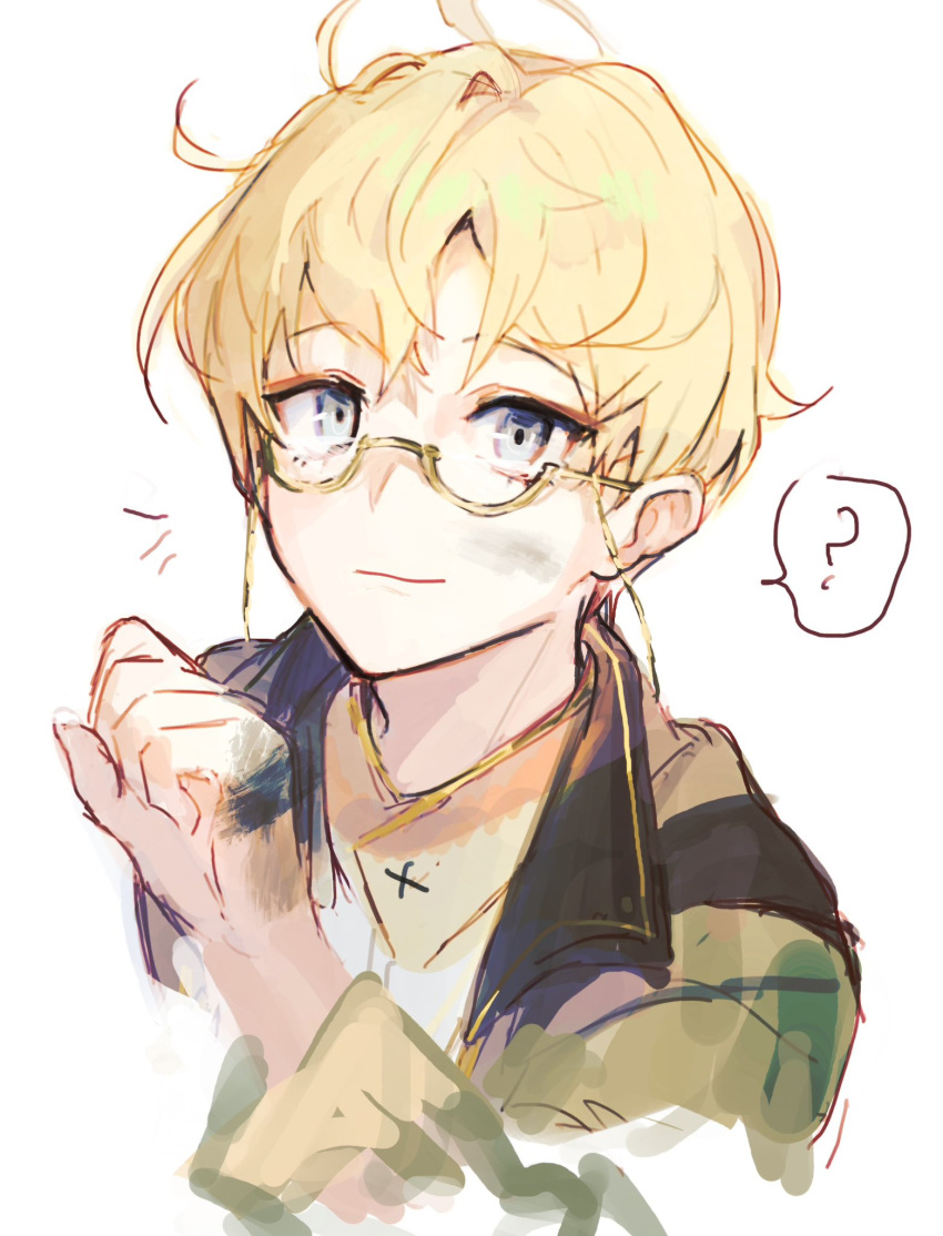 1boy, ?, atelier_(series), atelier_ryza, atelier_ryza_2, blonde_hair, blue_eyes, closed_mouth