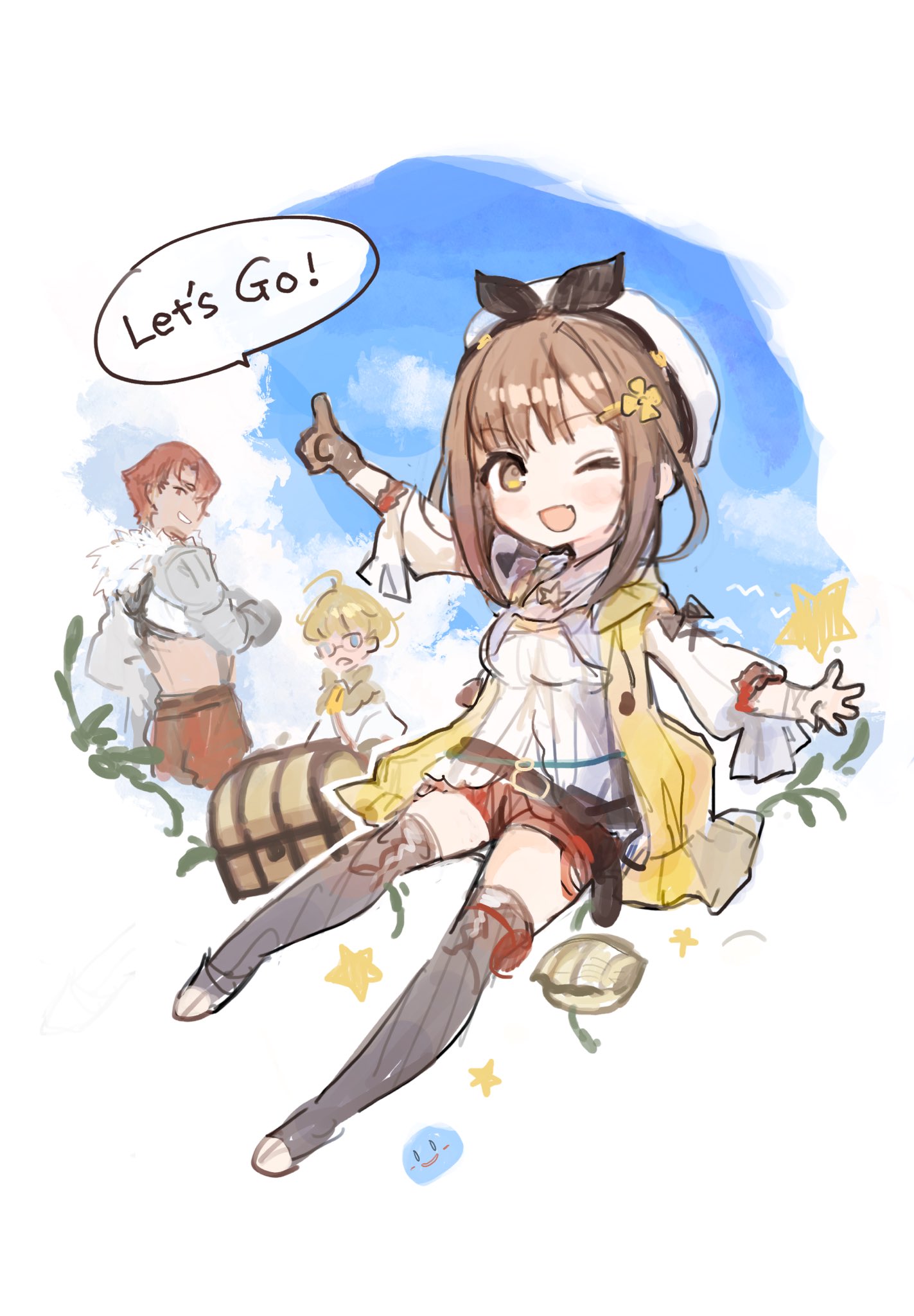 1girl, 2boys, ;d, atelier_(series), atelier_ryza, atelier_ryza_1, beret, black_footwear