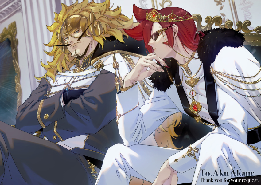 2boys, black_cape, black_gloves, black_suit, blonde_hair, blue_eyes, brooch, cape