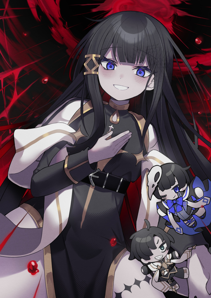 1girl, 2boys, absurdres, arne_alternata, belt, black_background, black_dress, black_hair