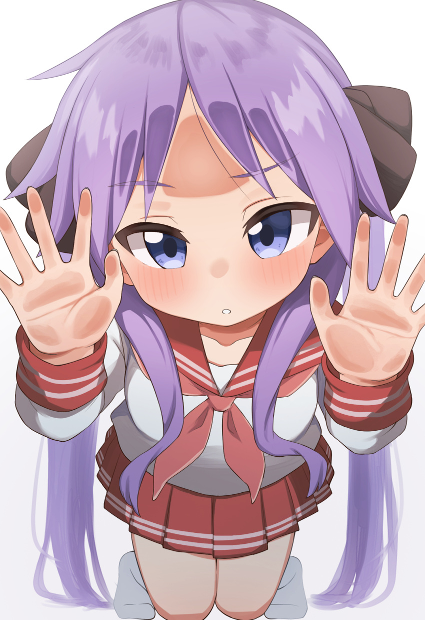 1girl, against_fourth_wall, blush, brown_ribbon, commentary_request, hair_ribbon, highres, hiiragi_kagami