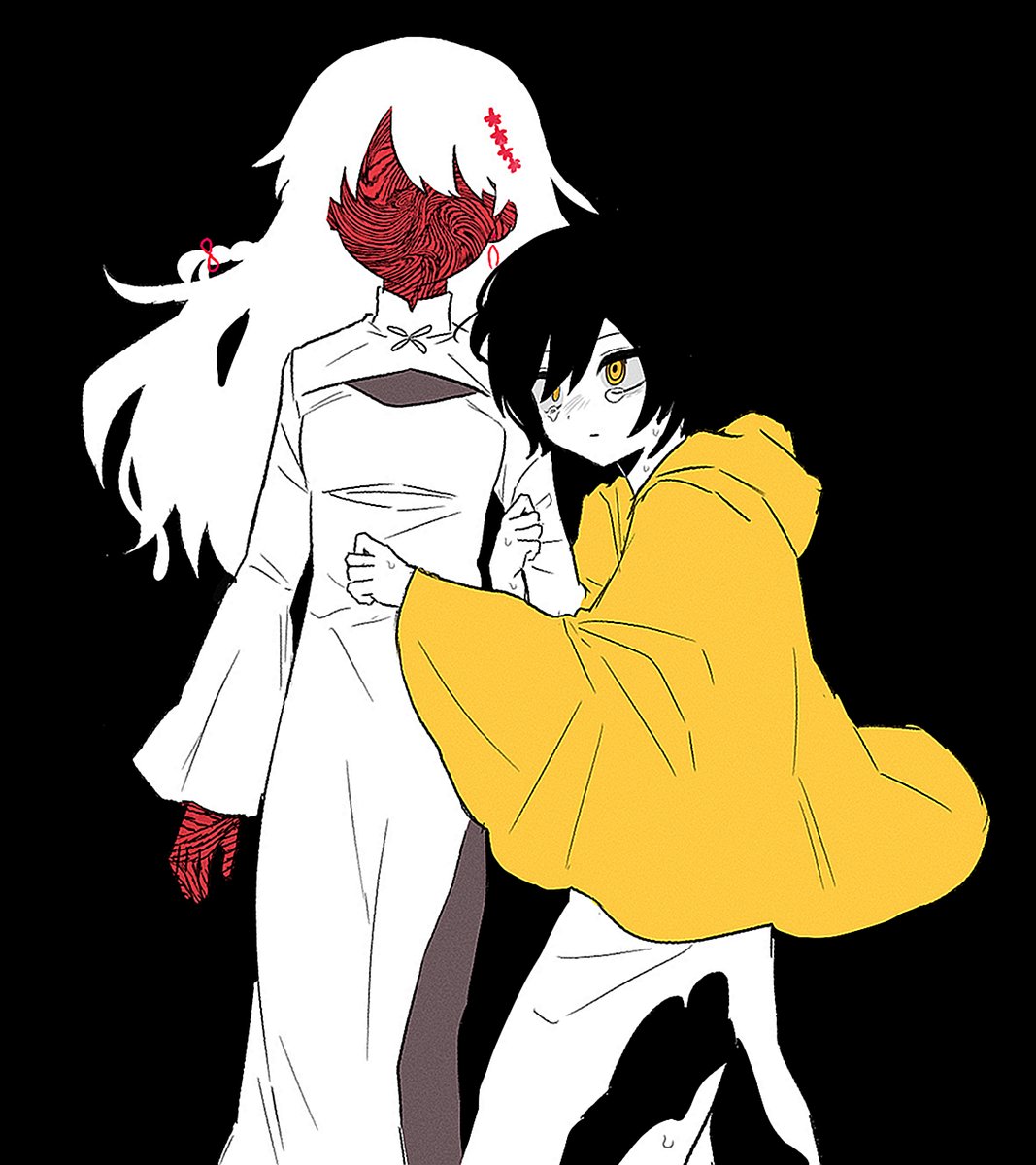 2girls, black_background, black_hair, braid, cleavage_cutout, clothing_cutout, dress, faceless