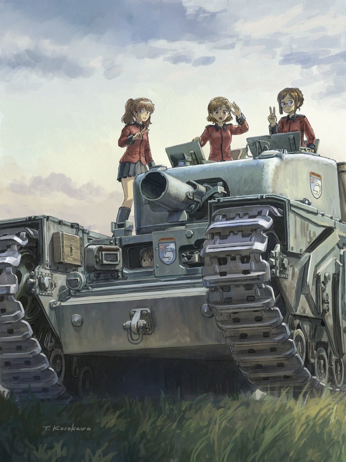 4girls, black_skirt, box, braid, brown_hair, character_request, churchill_(tank), clouds