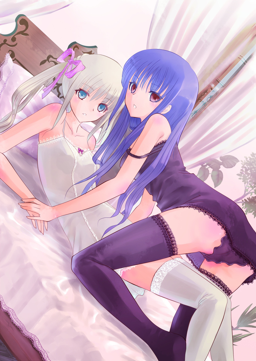 absurdres, all_fours, bare_shoulders, bed, black_legwear, black_thighhighs, blue_eyes, blue_hair, chemise, colored_eyelashes, dutch_angle, eyelashes, girl_on_top, hair_ribbon, highres, kakuno, lace, lace-trimmed_thighhighs, long_hair, looking_at_viewer, multiple_girls, open_mouth, original, panties, red_eyes, ribbon, strap_slip, thigh-highs, thighhighs, twintails, underwear, white_hair, white_legwear, white_thighhighs, yuri