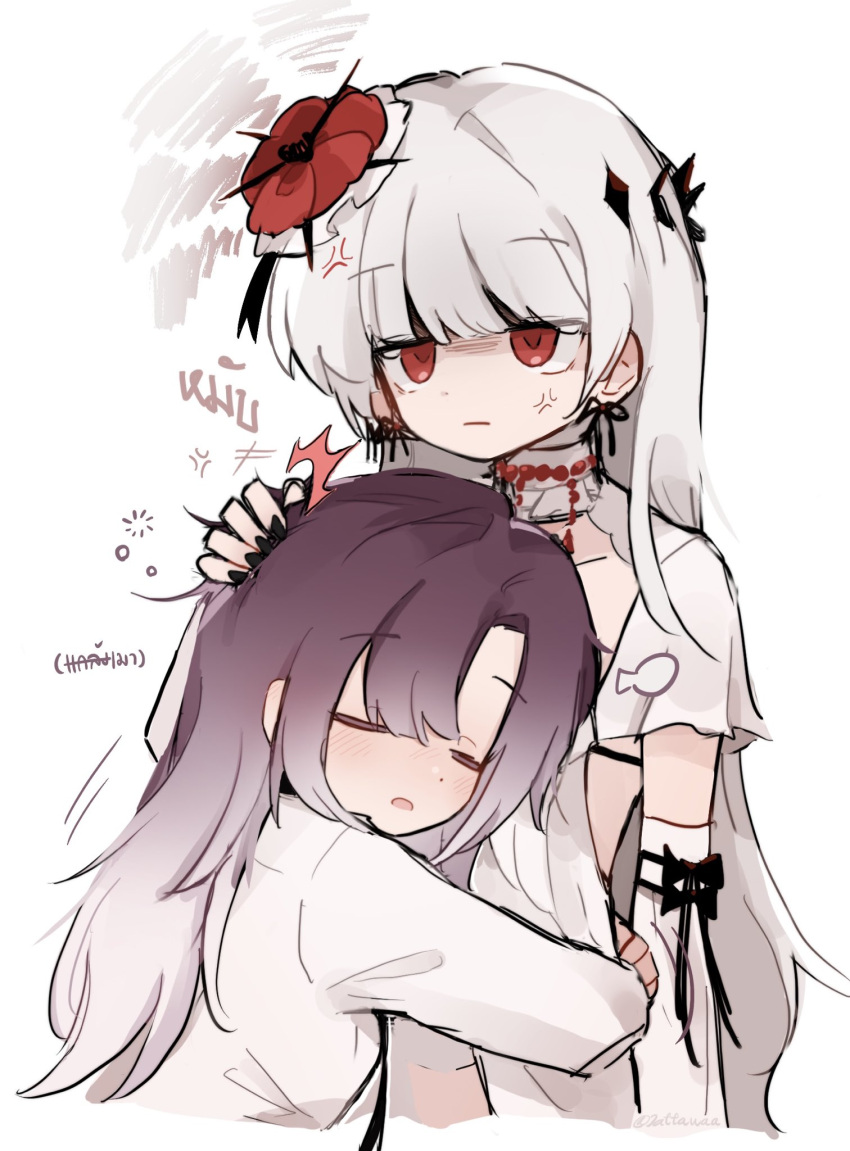 2girls, anger_vein, angry, babydoll, blunt_bangs, blush, closed_eyes, collar