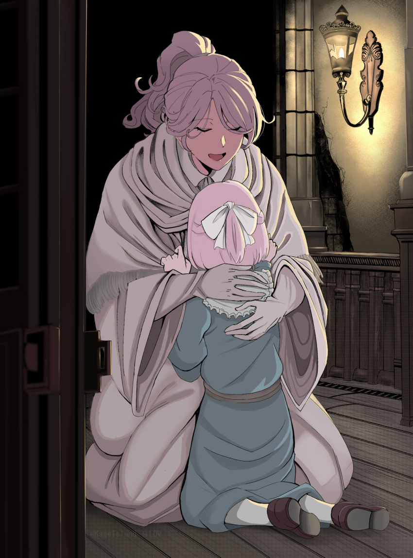 2girls, bloodborne, blue_dress, brown_footwear, capelet, closed_eyes, collared_shirt, commentary_request, crack, cracked_wall, dress, gloves, hair_tie, highres, hug, indoors, iosefka, kageisland_9lov, kneeling, lantern, multiple_girls, open_door, open_mouth, pink_hair, ponytail, railing, robe, shirt, white_capelet, white_gloves, white_robe, white_shirt, wooden_floor