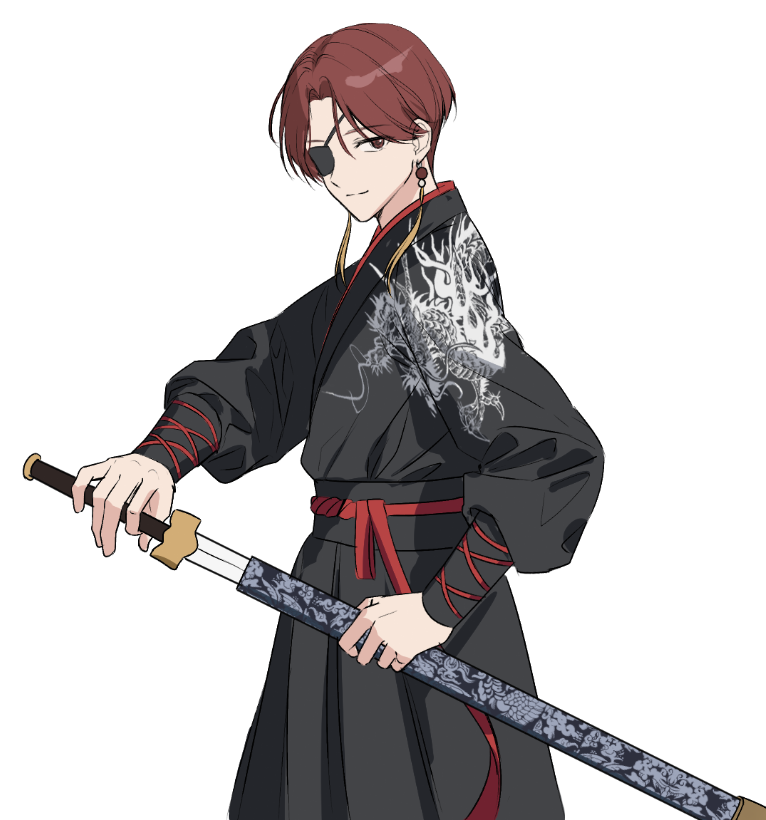 1boy, brown_hair, closed_mouth, dragon, dragon_print, earrings, eastern_dragon, eyepatch