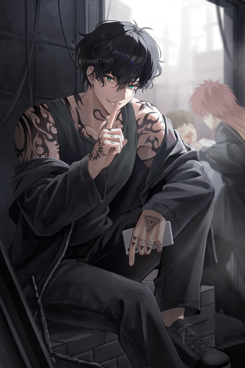 3boys, black_footwear, black_hair, black_jacket, black_tank_top, blue_eyes, cellphone, grin