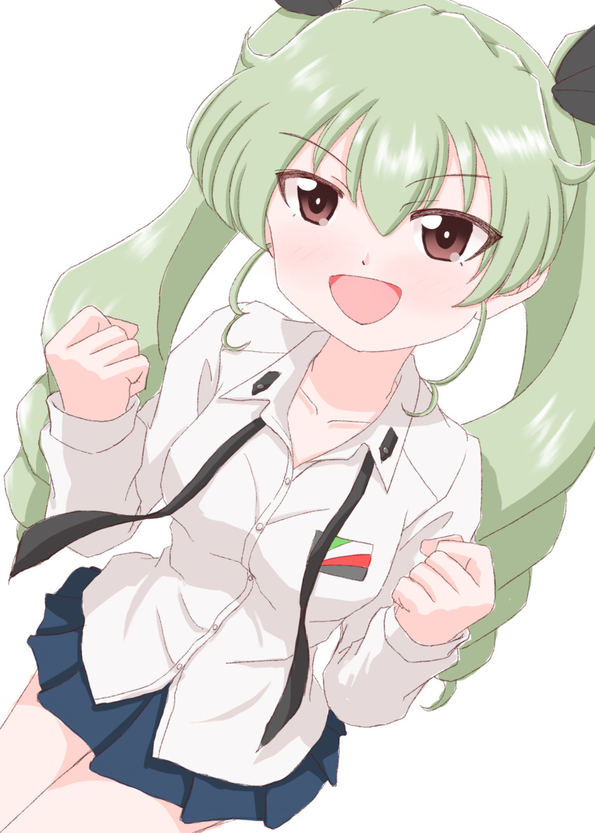 anchovy_(girls_und_panzer), black_necktie, black_ribbon, blue_skirt, breasts, collarbone, collared_shirt, drill_hair