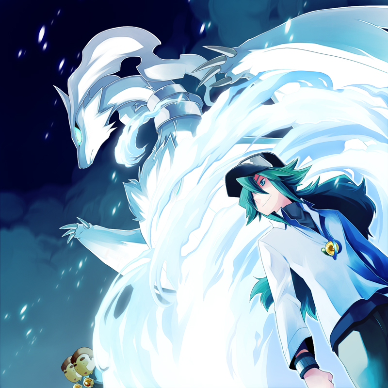 1boy, baseball_cap, green_hair, hat, ikeya_(higumake), long_hair, n_(pokemon), pokemon, pokemon_(creature), pokemon_(game), pokemon_black_and_white, pokemon_bw, reshiram