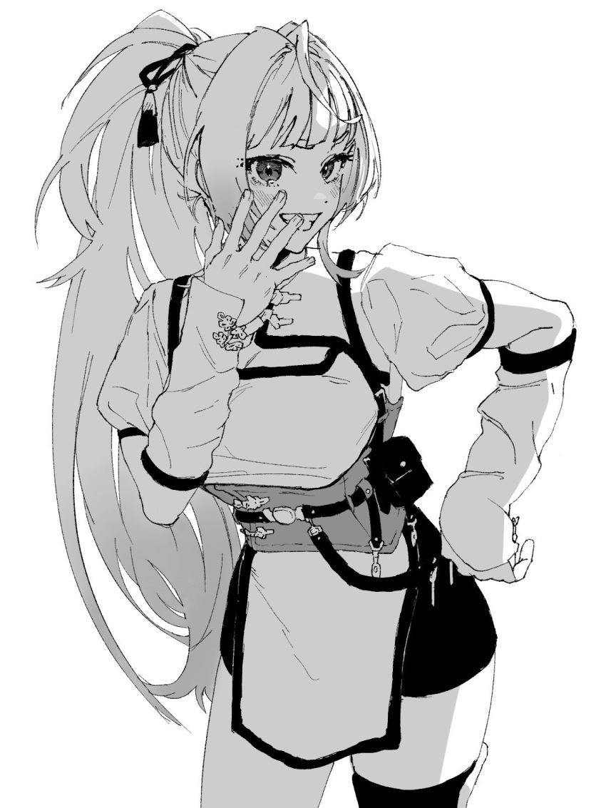 1girl, :d, belt, blunt_bangs, blush, chinese_clothes, cowboy_shot, gokurakugai, hand_on_own_face, hand_on_own_hip, highres, looking_at_viewer, nei_takarai_(gokurakugai), pelvic_curtain, ponytail, shorts, sidelocks, single_thighhigh, smile, solo, suise01, teeth, thigh-highs, thighs, white_background, wrist_guards, zettai_ryouiki