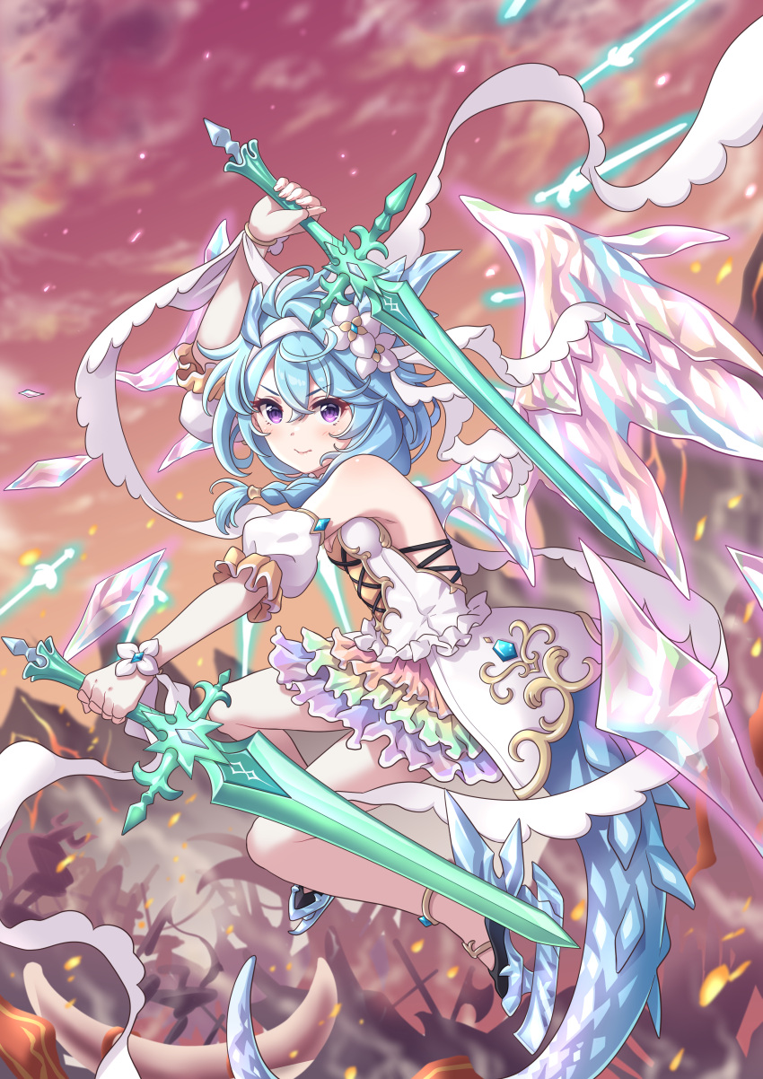 1girl, absurdres, blue_hair, blue_horns, cross-laced_clothes, cross-laced_dress, crystal_horns, crystal_tail, crystal_wings, dragon_girl, dragon_horns, dragon_wings, dual_wielding, floating, floating_object, floating_sword, floating_weapon, flower, hair_flower, hair_ornament, hairband, highres, holding, holding_sword, holding_weapon, horns, ice_skates, light_blue_hair, princess_connect!, princess_form_(princess_connect!), rainbow_skirt, rainbow_wings, sheffy_(princess)_(princess_connect!), sheffy_(princess_connect!), skates, solo, sword, tsukachii, weapon, white_flower, white_hairband, wings