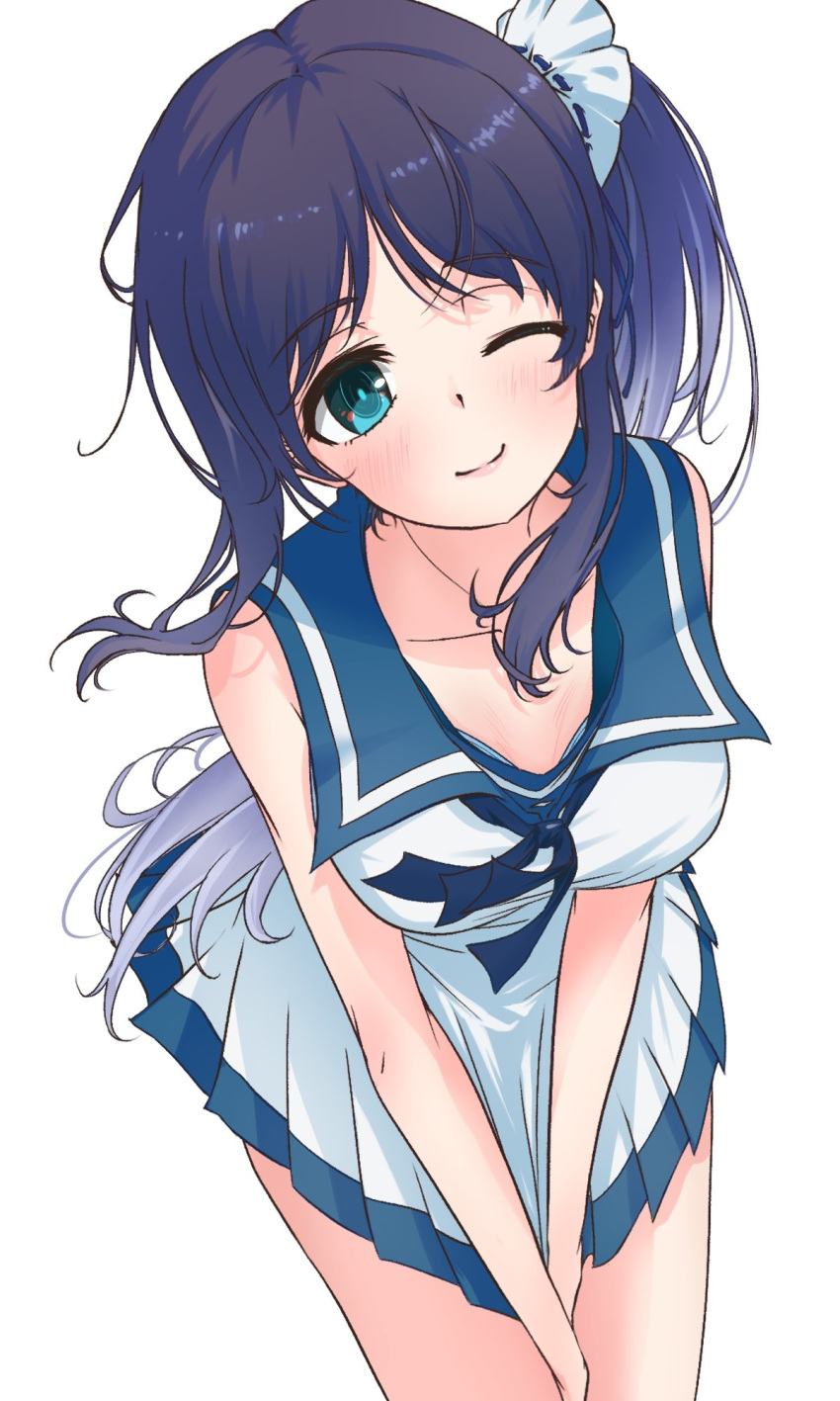 1girl, akatsuki_(akatsukinotsuki), black_hair, blue_eyes, blue_sailor_collar, breasts, dress, hair_ornament