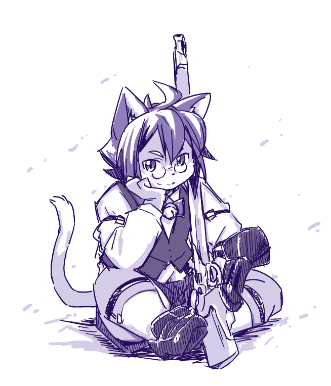 1boy, animal_ears, bell, cat_boy, cat_ears, cat_tail, commentary_request, furry, furry_male, gun, head_on_hand, holding, holding_gun, holding_weapon, indian_style, jingle_bell, looking_at_viewer, male_focus, monochrome, nagato_(tamacolle), round_eyewear, sitting, smile, tail, takagikyou, tamacolle, weapon, white_background