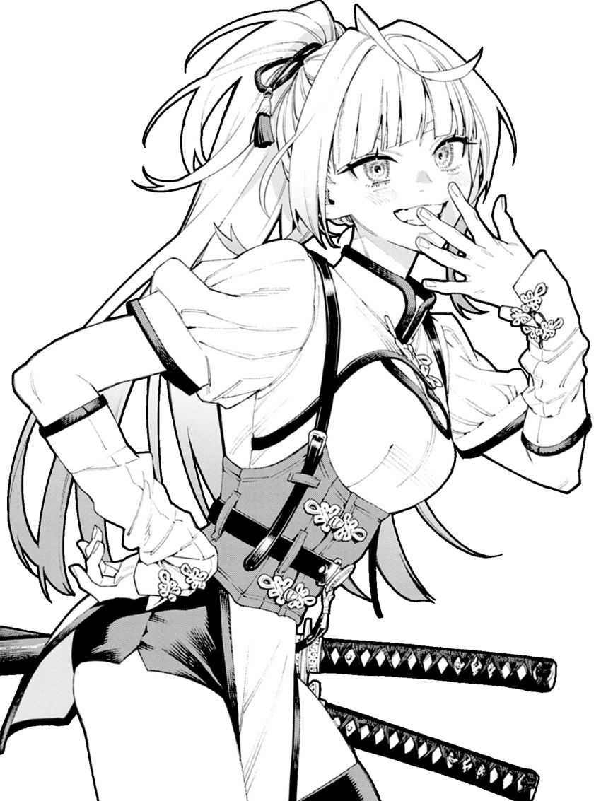 1girl, :d, belt, blunt_bangs, breast_cutout, breasts, china_dress, chinese_clothes, corset, dress, gokurakugai, hair_ribbon, hand_on_own_face, hand_on_own_hip, highres, katana, lips, looking_at_viewer, nei_takarai_(gokurakugai), official_art, pelvic_curtain, ponytail, puffy_sleeves, ribbon, sano_yuuto, shorts, sidelocks, single_thighhigh, smile, solo, sword, tassel, thigh-highs, thighs, third-party_source, weapon, wrist_guards