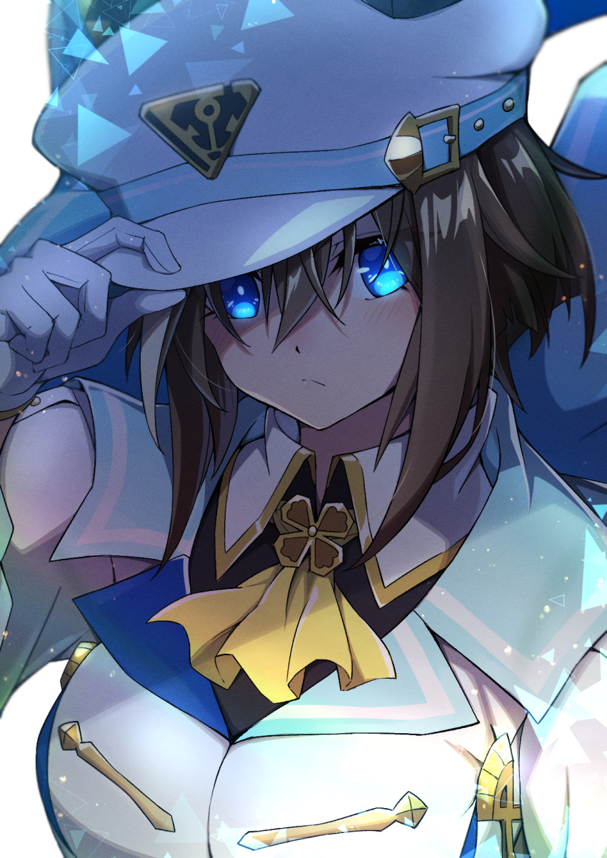 1girl, animal_ears, blue_eyes, breasts, cheval_grand_(umamusume), ears_through_headwear, gloves, hair_between_eyes