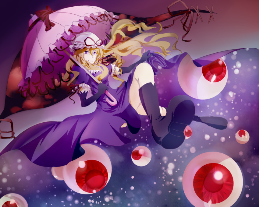 23ichiya, boots, bow, dress, elbow_gloves, eyeball, foreshortening, gap, gloves, hat, hat_ribbon, long_hair, purple_eyes, red_eyes, ribbon, solo, touhou, umbrella, very_long_hair, violet_eyes, yakumo_yukari