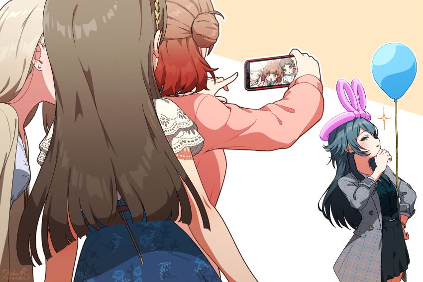 4girls, balloon, blush, brown_hair, commentary_request, earrings, gakuen_idolmaster, gradient_hair