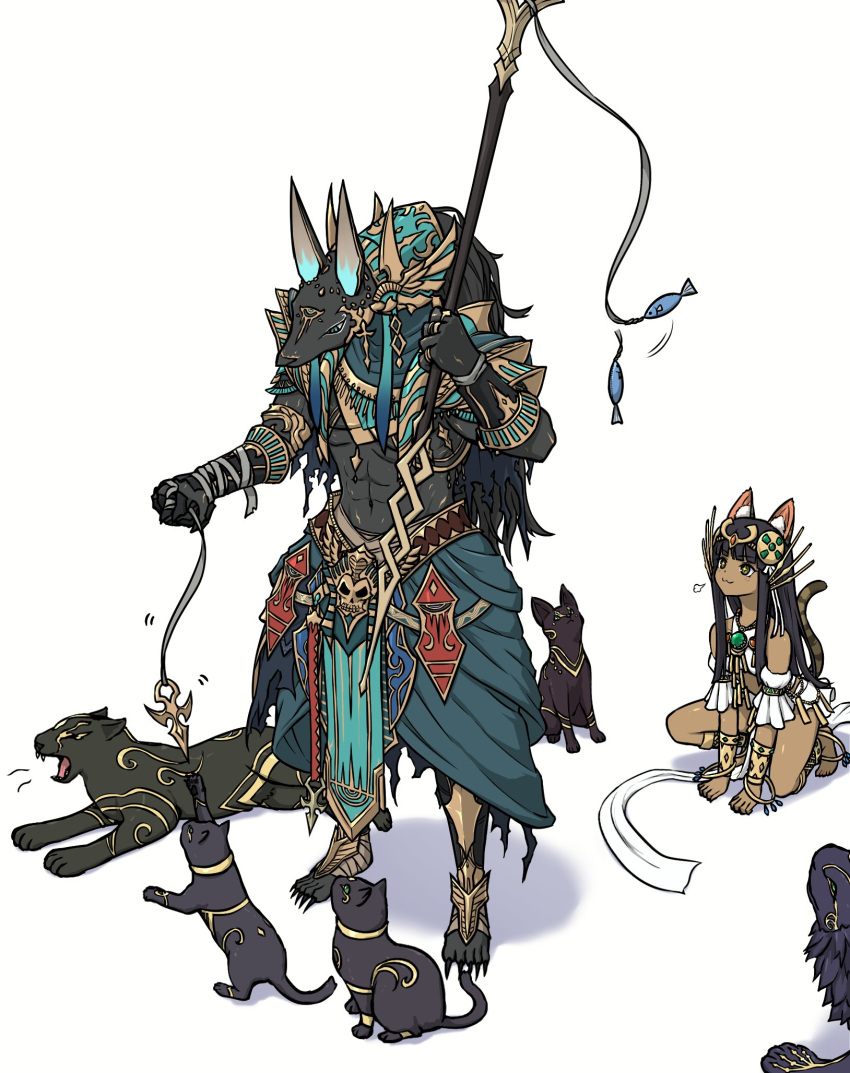 1boy, 1girl, ancient_egyptian_clothes, animal_ears, ankle_lace-up, anklet, anubis_(p&amp;d), barefoot