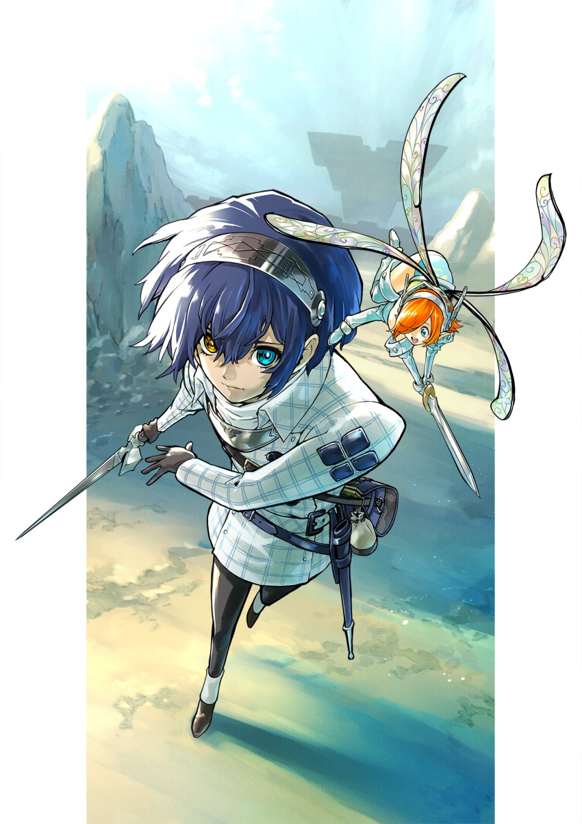 1boy, 1girl, armor, armored_boots, artist_request, bishounen, black_gloves, black_pants