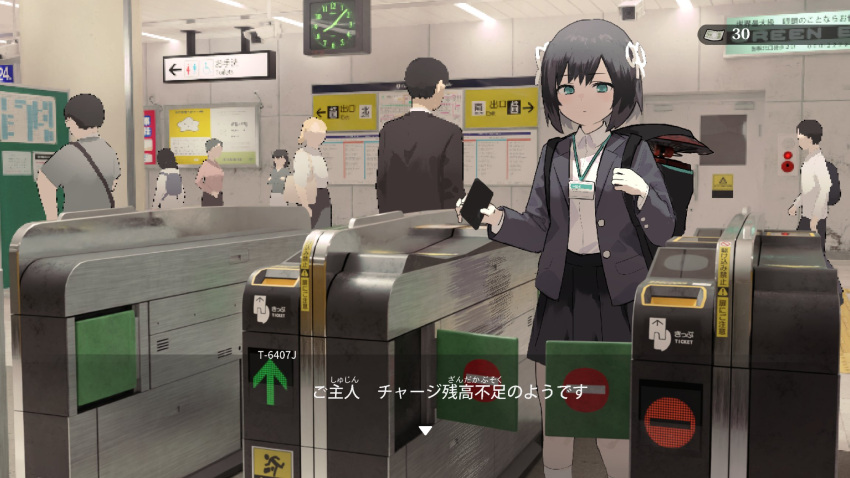1other, 3boys, 4girls, aqua_eyes, backpack, bag, black_hair, ceiling_light
