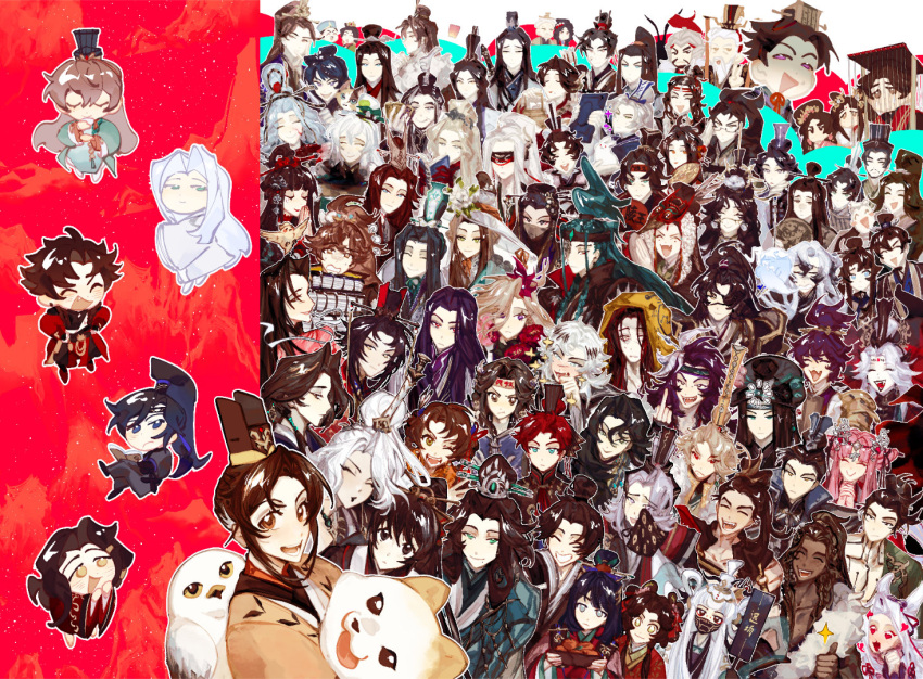 6+boys, 6+girls, ^_^, black_hair, blue_eyes, brown_eyes, brown_hair, character_request, chibi, chibi_inset, chinese_clothes, chinese_commentary, closed_eyes, closed_mouth, code:_kite, commentary_request, everyone, fu_rong_(code:_kite), green_eyes, guanglingwang, liu_bian_(code:_kite), long_hair, looking_at_viewer, multiple_boys, multiple_girls, open_mouth, outline, sun_quan_(code:_kite), u_u, weibo_7587683077, white_outline, yellow_eyes, yuan_ji_(code:_kite), zuo_ci_(code:_kite)