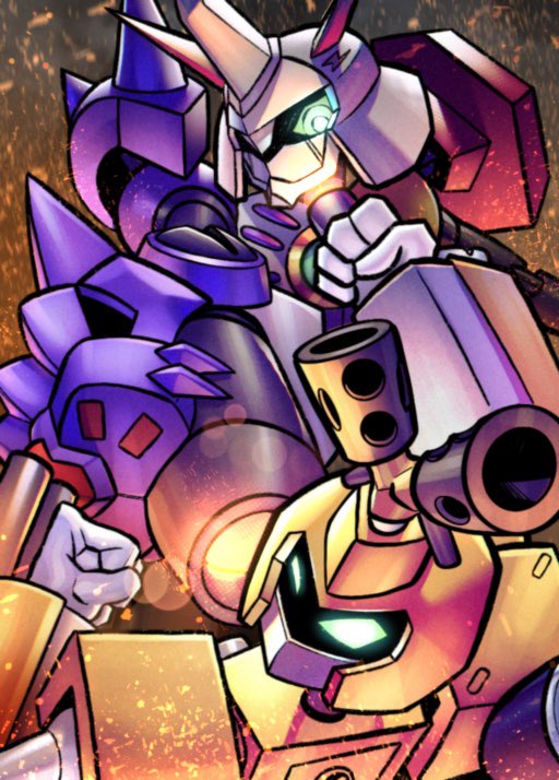 arm_blade, arm_cannon, armor, battle, clenched_hands, crossover, digimon, green_eyes