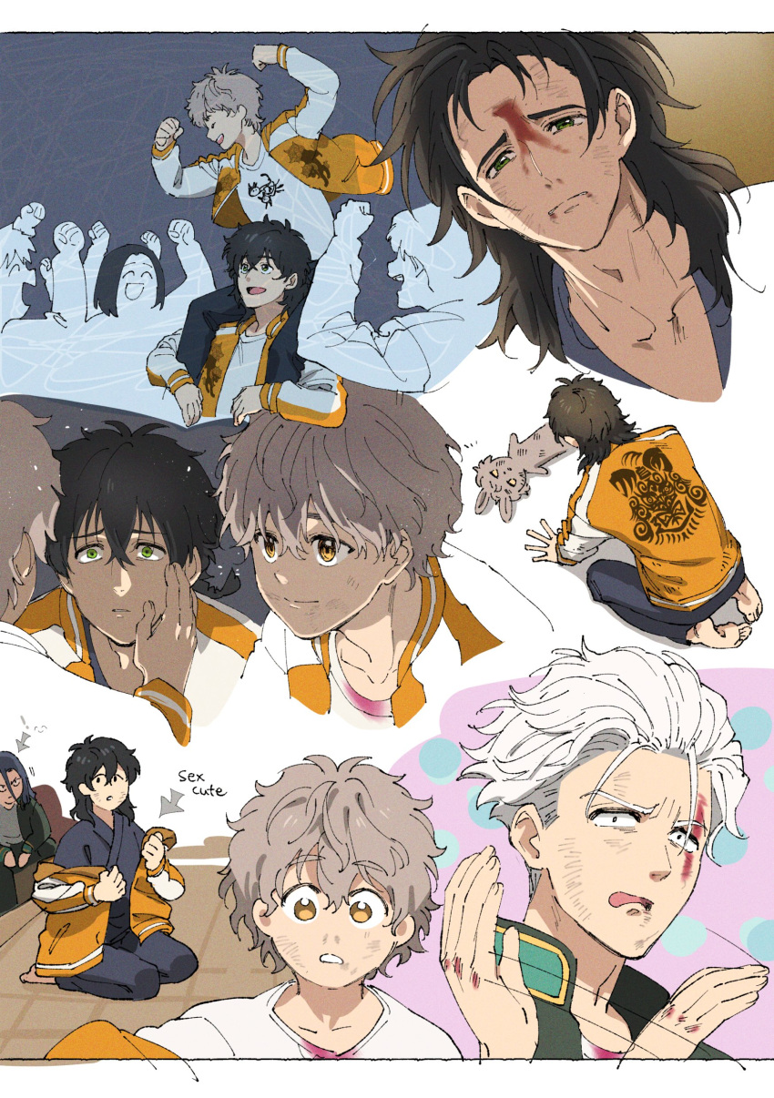 6+boys, absurdres, black_hair, blood, blood_on_face, brown_hair, character_request, green_eyes, hands_up, highres, jacket, japanese_clothes, long_sleeves, medium_hair, multicolored_clothes, multicolored_jacket, multiple_boys, multiple_views, open_clothes, open_jacket, open_mouth, orange_jacket, parted_lips, school_uniform, seiza, shirt, short_hair, sitting, smile, soul_(tamashii), sugishita_kyoutarou, togame_jou, tomiyama_chouji, two-tone_jacket, umemiya_hajime, v-shaped_eyebrows, white_hair, white_shirt, wind_breaker_(nii_satoru)
