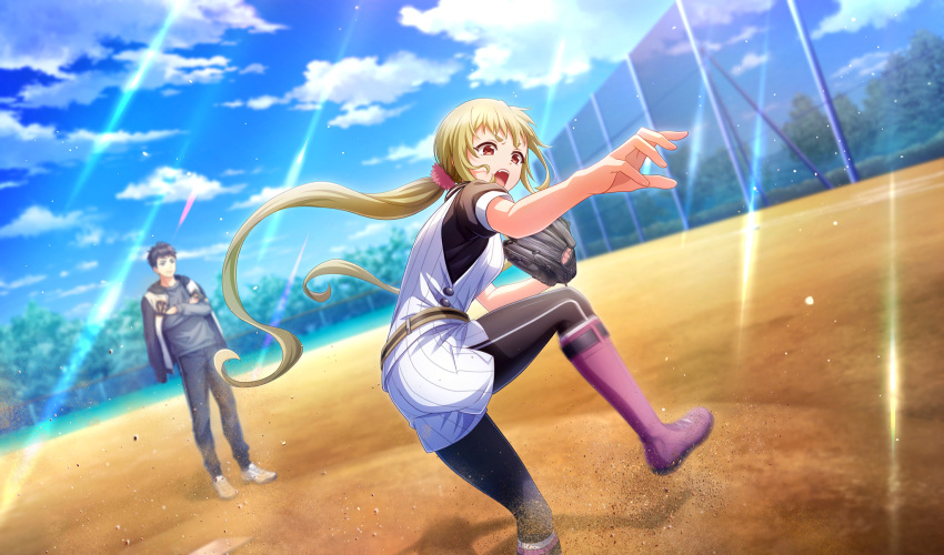 1boy, 1girl, baseball_field, baseball_mitt, baseball_uniform, belt, black_hair, black_pants