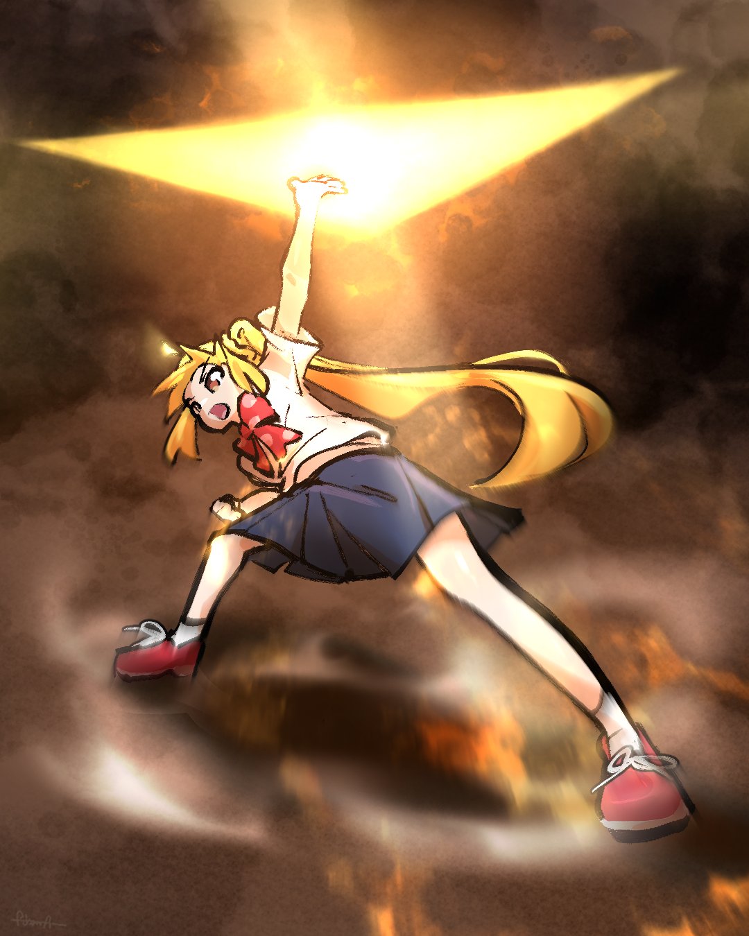 1girl, ahoge, arm_up, blonde_hair, blue_skirt, bocchi_the_rock!, bow, bowtie