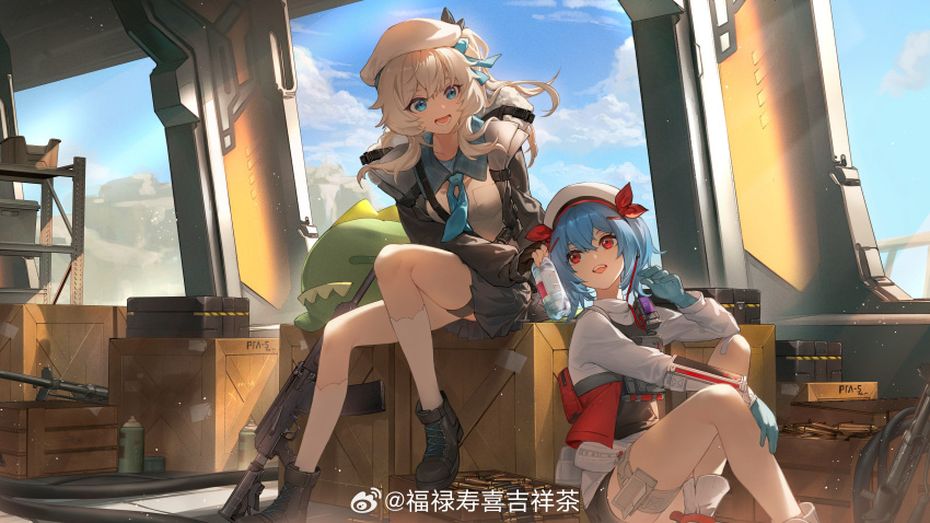 absurdres, blonde_hair, blue_hair, bottle, box, girls_frontline, gloves, hat
