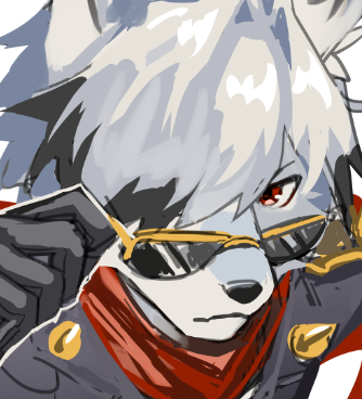 1boy, adjusting_eyewear, animal_ears, black_gloves, black_jacket, bowchanrou_(b0tar0), colored_tips, cosplay, english_commentary, furry, furry_male, gloves, hair_over_one_eye, jacket, leather, leather_jacket, lighter_(zenless_zone_zero), lighter_(zenless_zone_zero)_(cosplay), looking_at_viewer, lowres, male_focus, multicolored_hair, neckerchief, red_eyes, red_neckerchief, spiked_jacket, sunglasses, unfinished, von_lycaon, wolf_boy, wolf_ears, zenless_zone_zero