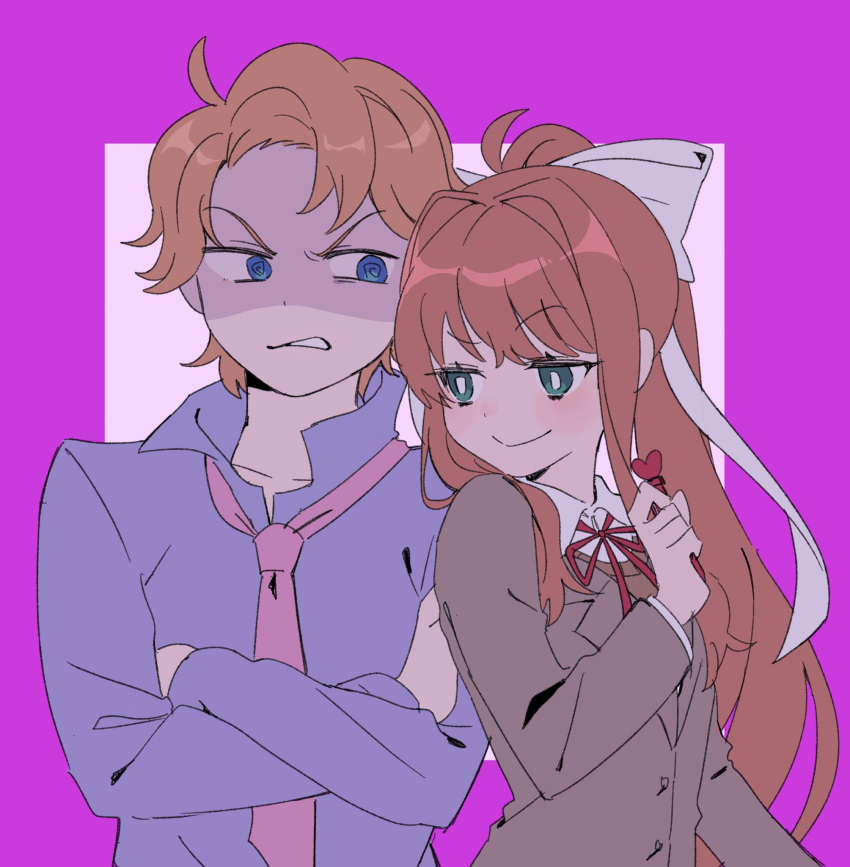 1boy, 1girl, @_@, ahoge, blazer, blonde_hair, blue_eyes, blush