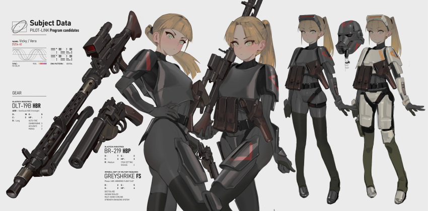 2girls, absurdres, armor, blonde_hair, commission, deathtrooper, energy_gun, english_text