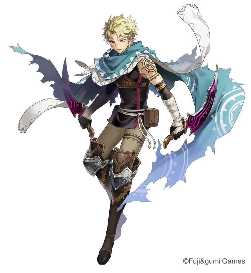 1boy, armor, bandages, bare_shoulders, basheeny_(dare_ga_tame_no_alchemist), black_gloves, blonde_hair, blue_cloak