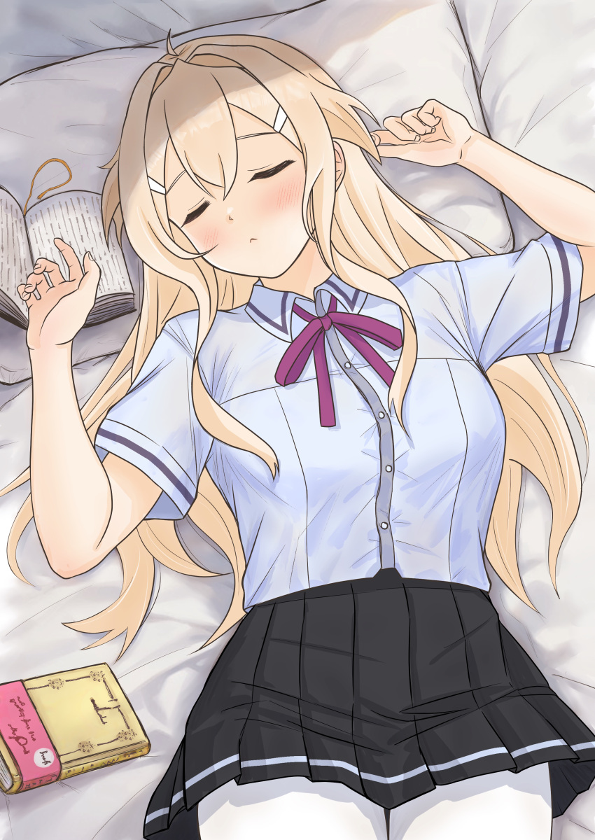 1girl, absurdres, black_skirt, blonde_hair, blue_shirt, blush, book, breasts, closed_eyes, closed_mouth, collared_shirt, hair_between_eyes, hair_intakes, hair_ornament, hairclip, highres, iyojima_anzu, long_hair, lying, man12sikata-04, neck_ribbon, nogi_wakaba_wa_yuusha_de_aru, on_back, on_bed, open_book, pantyhose, pillow, pleated_skirt, purple_ribbon, ribbon, school_uniform, shirt, short_sleeves, skirt, sleeping, solo, white_pantyhose, yuusha_de_aru
