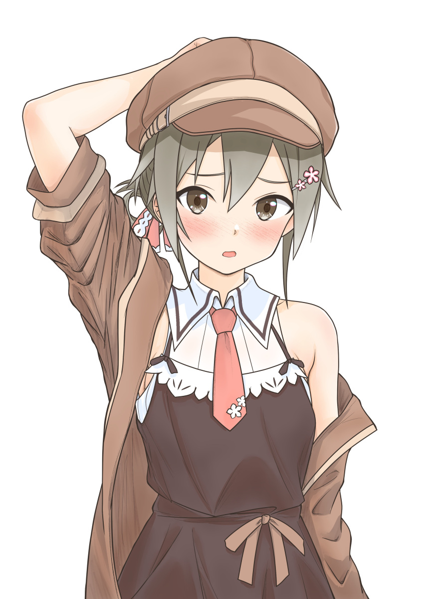 1girl, absurdres, arm_up, bare_shoulders, black_dress, blush, brown_coat, brown_dress, brown_eyes, brown_jacket, cabbie_hat, coat, collared_shirt, dress, flower, grey_hair, hair_between_eyes, hair_flower, hair_ornament, hairclip, hand_on_headwear, hat, highres, jacket, looking_at_viewer, man12sikata-04, minowa_gin, necktie, off_shoulder, open_clothes, open_jacket, open_mouth, red_necktie, shirt, simple_background, sleeveless, sleeveless_dress, solo, upper_body, washio_sumi_wa_yuusha_de_aru, white_background, white_shirt, yuusha_de_aru
