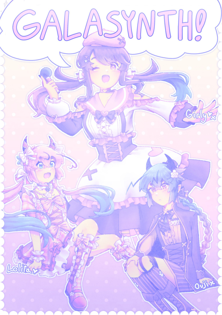 1girl, 2others, ;d, absurdres, asymmetrical_sleeves, beret, blue_eyes, blue_hair