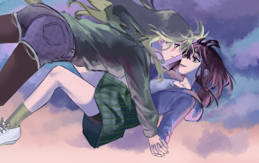 2girls, absurdres, black_pantyhose, blue_eyes, blue_jacket, clouds, cloudy_sky, commentary